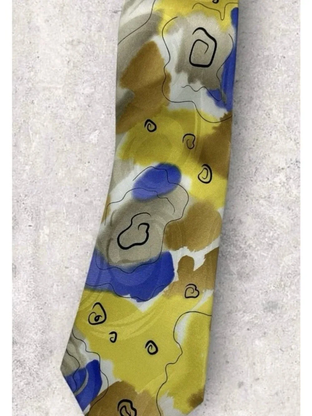 J. GARCIA Silk Tie XL Yellow Blue Brown Art W:3.7